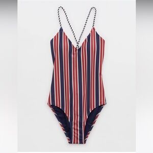 Aerie Red and White One Piece Swimsuit V-Neck Timeless